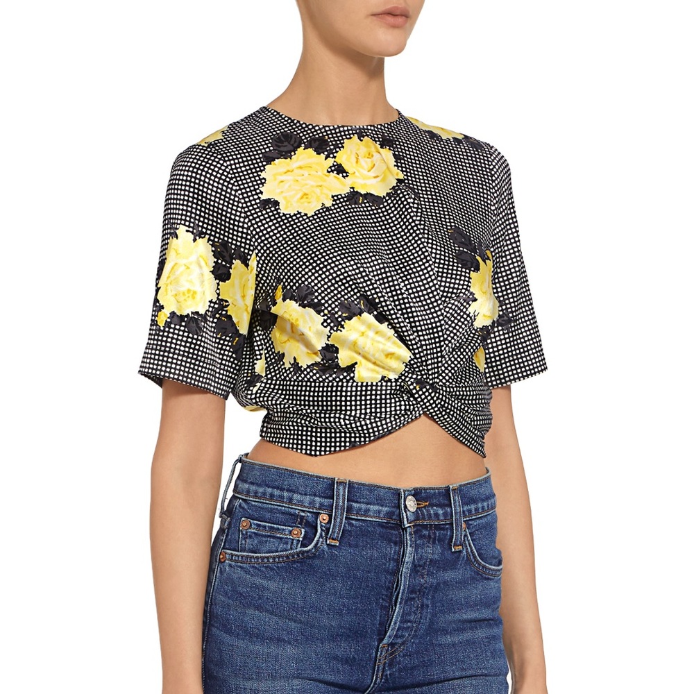 GANNI Calla Floral Plaid Silk-blend Twist Crop Top - Picture 1 of 7